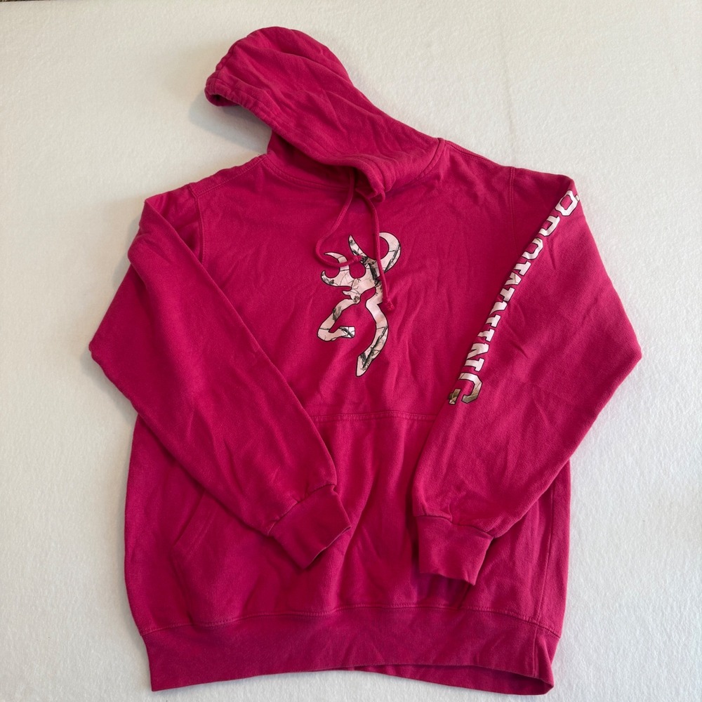 Browning‎ Hoodie Women Small Pink Camo Logo Graphic Pullover Sweatshirt